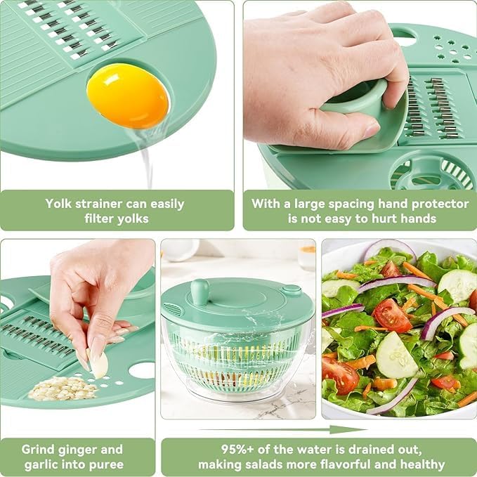 Ceruaxb Salad Spinner Chopper, 5.3 Qt Lettuce Dryer with 5 Blades, Green | Vegetable and Fruit Wash Bowl, Kitchen Colander, Egg Yolk Strainer, Slicing and Shredding, Rinsing, Draining and Food Prep