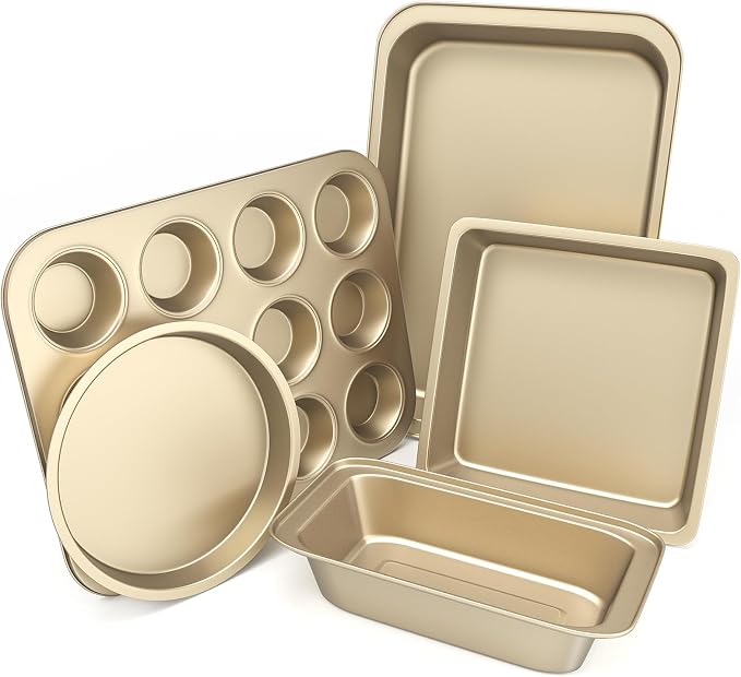 CasaCulina Baking Pans Set, 5-Piece Nonstick Bakeware Sets, Gold | Kitchen Cookware Sets Baking Supplies with Round/Square Cake Pan, Muffin Loaf Roast Pan, Baking Sheets for Oven, Black
