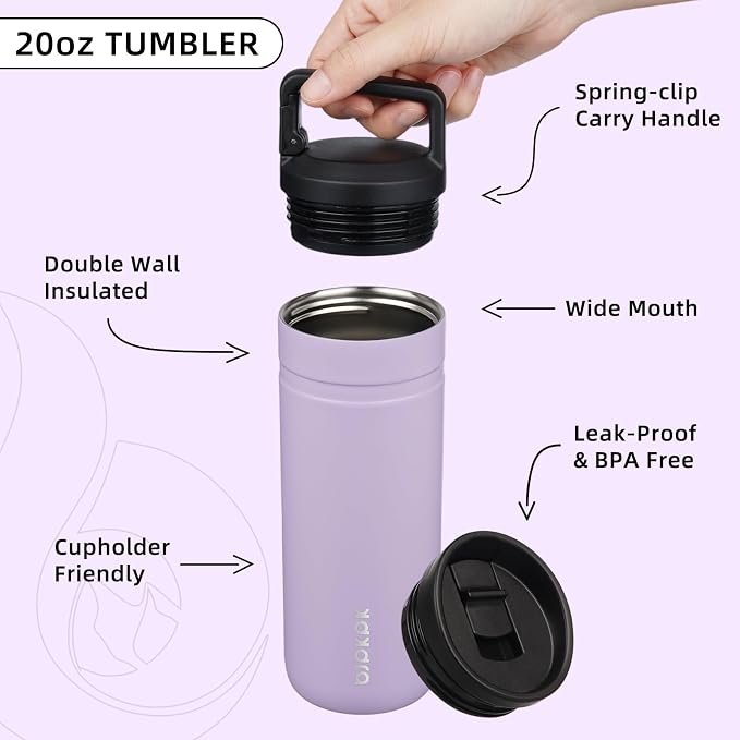 BJPKPK 20 oz Insulated Travel Water Bottle, Coffee Tumbler Stainless Steel | Double Wall Vacuum, Leakproof, Thermal, Keeps Hot/Cold, BPA Free, Dishwasher Safe, Spill Proof, Wide Mouth, 2 Lids, Purple
