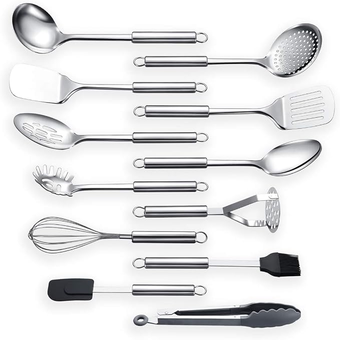 Berglander Cooking Utensil Set 12 Piece Stainless Steel Kitchen Tool Set, Include Cooking Spoon, Spatula, Whisk, Cooking Tong and etc (12 Pieces)