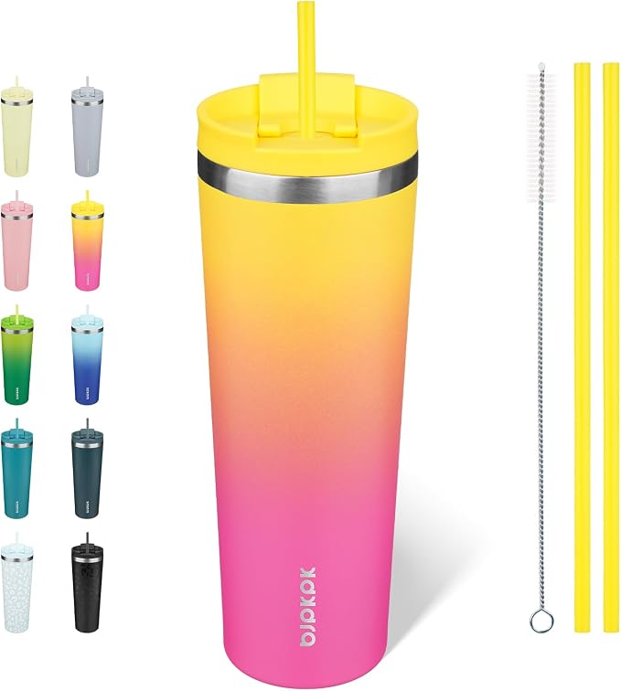 BJPKPK 30 oz Coffee Tumbler with Straw, Insulated Stainless Steel Cup | Double Wall Vacuum, Leak Proof Lid, Keeps Hot/Cold/Iced, BPA Free, Dishwasher Safe, Travel & Outdoor, Pink Yellow Rose
