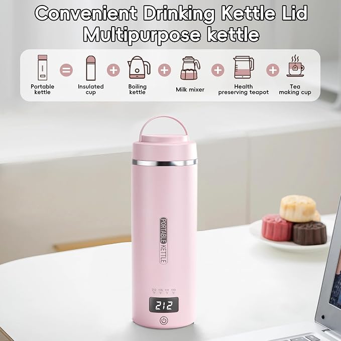 Travel Kettle, Portable Electric Kettle for 4 Temperature Controls, Pink | 304 Stainless Steel Liner, Auto Shut-off, 300W (120V) Fast Boiling, Water Bottle for Business Trips, Dorm & Office, 450ml