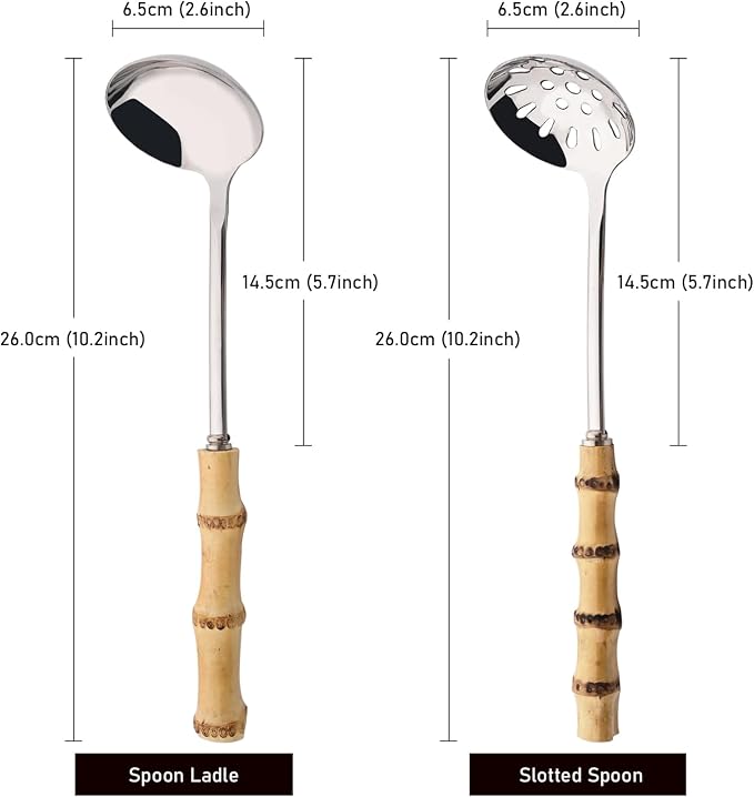 Soup Ladle and Slotted Spoon Set, 304 Stainless Steel Serving Utensils with Natural Bamboo Handle, Soup Spoons For Serving Gravy Hot Pot Or Restaurant, 10.2 Inch, 4 PCS / 2 of Each