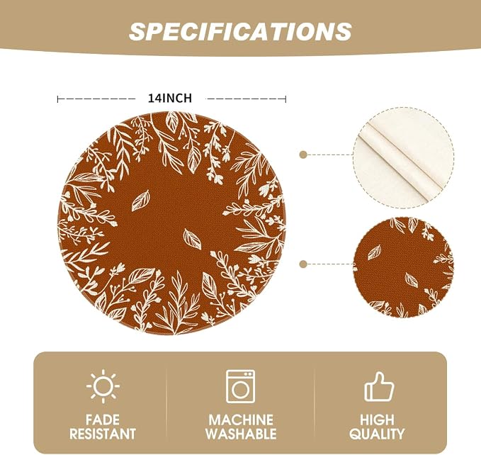 Artoid Mode Rust Eucalyptus Leaves Round Fall Placemats Set of 4-14 Inch | Heat-Resistant, Washable Table Mats, Seasonal Autumn Kitchen Dining Decor