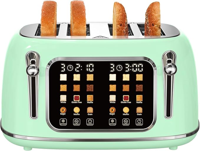 Mecity Toaster 4 Slice, Touch Screen Wide Slot Retro Toaster For Breads Bagel Muffin Waffle, House Warming Gift New Home, 120V 1650W, Light Green
