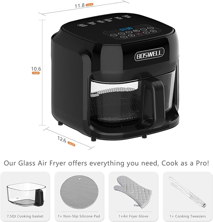 BOSWELL 7.5 QT Large Glass Air Fryer, 6-1 Preset Cook Modes | Transparent Fry Bowl, Black, Circulating Heating & Temperature Control, Steak, Fries, Bake,Chicken, Dishwasher Safe