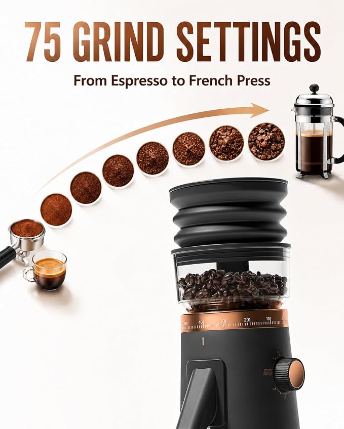 AMZCHEF Single Dose Burr Grinder, 75 Settings, Quiet DC Motor, Anti-Static | 40mm Burr, <0.2g Retention, 5-60s Timer, Magnetic Outlet, Vacuum Storage Cup, LED Light, Espresso, Pour-Over & French Press
