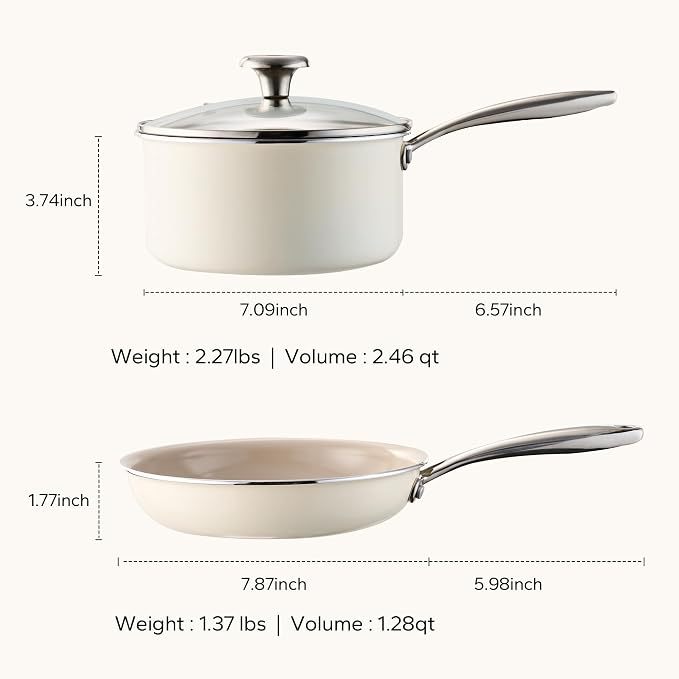 Redchef Nonstick Mini Cookware Set, 8"Ceramic Fry Pan 2.5Qt Sauce Pan with Lid, Fryingpan & Pots Set, Induction Compatible, Nontoxic, Oven Dishwasher Safe, PTFE & PFOA Free, Beige