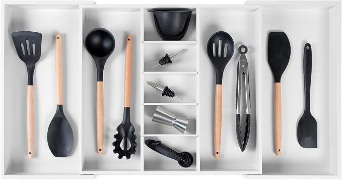Utensil & Junk Drawer Organizer, 19-33 in, White Bamboo | Food-safe contract grade, 100% sustainable wood, non-slip, adjustable