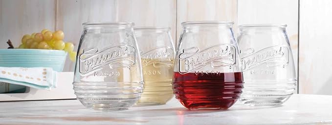 Glaver's Stemless Wine Glasses 21 Oz. Set Of 4 Original Mason Vintage Goblet Beverage Glasses Uses For Your Cocktail Lounge, Whiskey Parties, and Everyday Dinner Table. Dishwasher Safe. (Large)