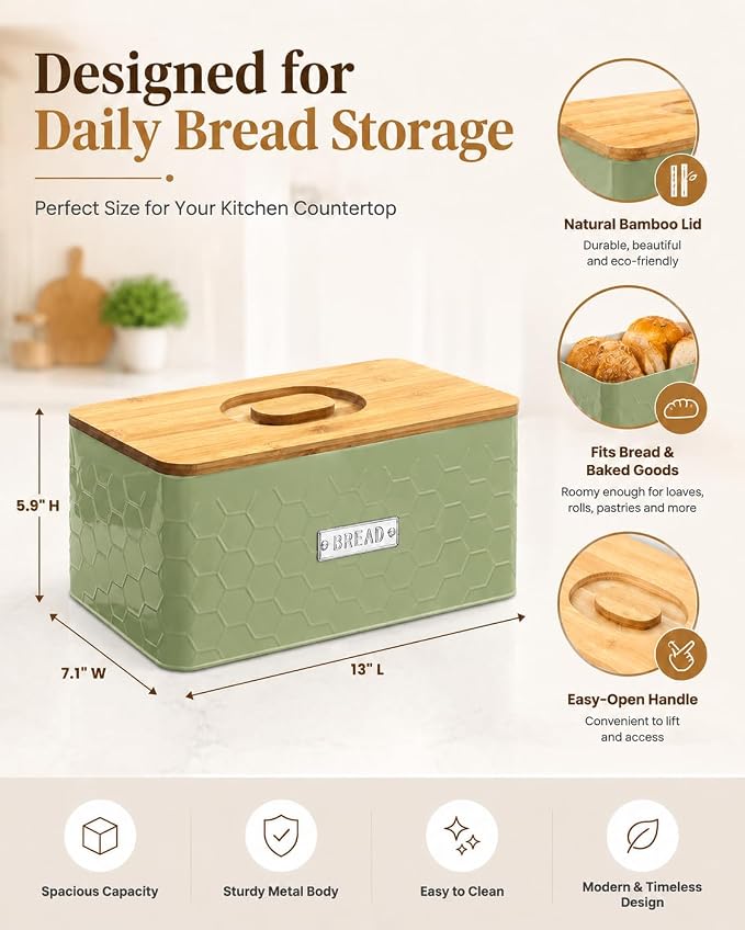 Bread Box for Countertop, Small Green Metal Bin with Bamboo Lid | Small farmhouse bread storage container and bread bin with cutting board lid for homemade bread and baked goods organization.