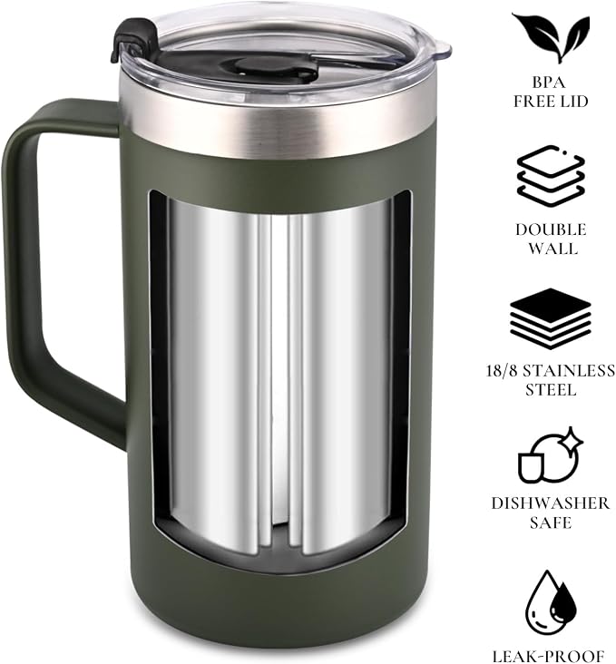 NESTALLY Cozy 20oz Insulated Coffee Mug with Handle & Lid, Olive Green | Stainless Steel Double Wall Vacuum Travel Mug for Hot & Cold Drinks, Reusable Coffee Tumbler, Non-Slip Base, BPA-Free