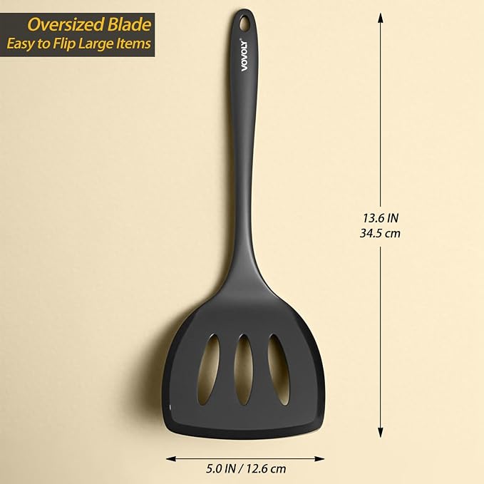 Silicone Pancake Spatula Turner with Lengthened Handle& Seamless Design, Heat Resistant Slotted Flipper for Nonstick Cookware, Large Flexible Kitchen Utensils for Egg, Pancake, Burger, Slotted Black