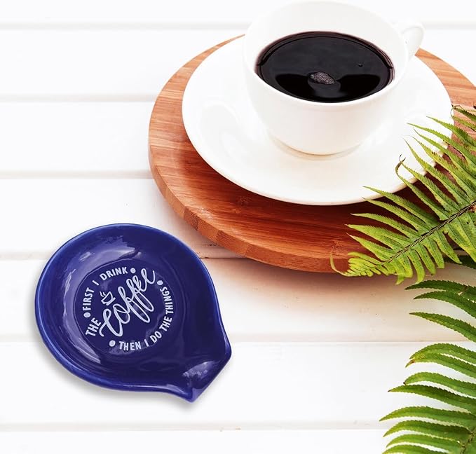 Littlefa Coffee Spoon Rest Holder-Coffee Bar Accessories-Navy Blue | Funny Ceramic Coffee Spoon Rest for Coffee Bar Accessories Essentials, But First I Drink Sign Coffee Lovers Gifts