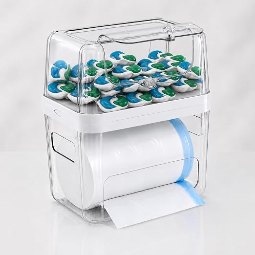 Trash Bag and Laundry pods Dispenser, 3-in-1 Clear Under Sink Organizer, Dishwasher Pod Storage Container, Stackable Kitchen Cabinet Storage Box Fits 13/30/33 Gallon Garbage Bags