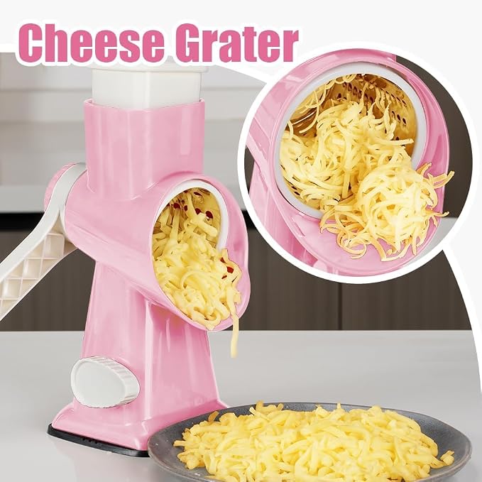 Rotary Cheese Grater Hand Crank Pink - Shredder Slicer Grinder 3 Stainless Steel Blades, Stable Suction, Labor-Saving Handle, Safe Kitchen Tool for Cheese, Vegetable, Nuts, Chocolate