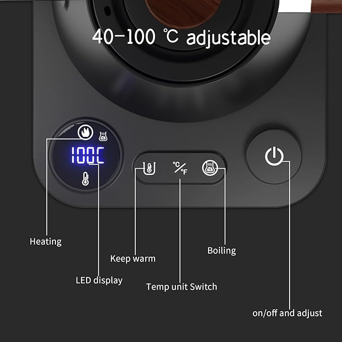Gooseneck Electric Kettle, Black, 0.9L | ±1℉ Temperature Control, 304 Stainless Steel, Ultra-Quiet, Auto Boil Detection, 8 Safety Protections & Memory Function
