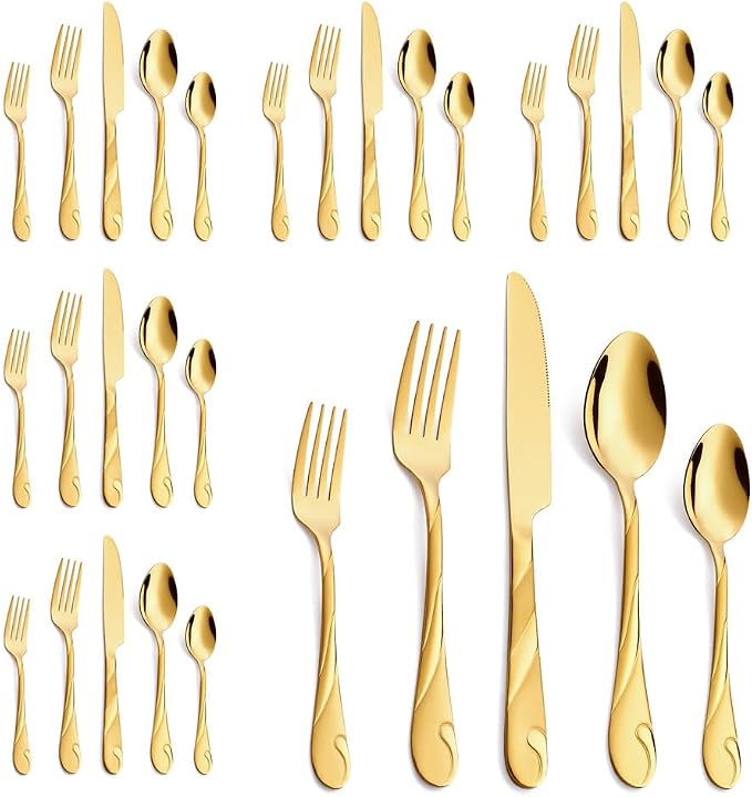 Gold Silverware Set, 30-Piece Stainless Steel Flatware Set | Shiny Gold Metal Cutlery Set for 6, Rust-Resistant, Include Spoon, Fork and Knife Set, Dishwasher Safe, for Dinner/Party