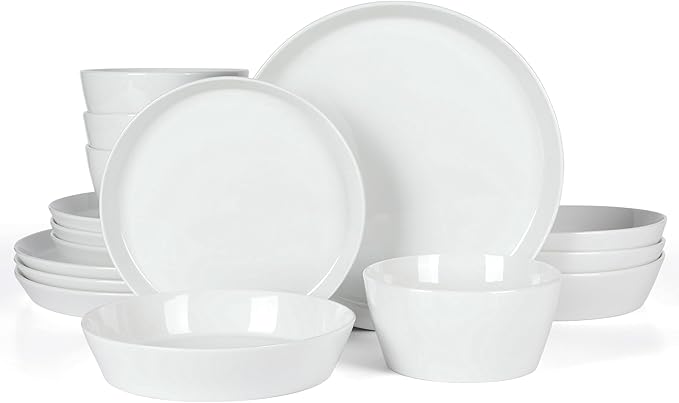 Martha Stewart Selma Chip & Scratch Resistant Dinnerware Set Service for 4 (16pcs) – White Plates and Bowls, Durable Dishwasher and Microwave Safe Dishes Set for Everyday Use