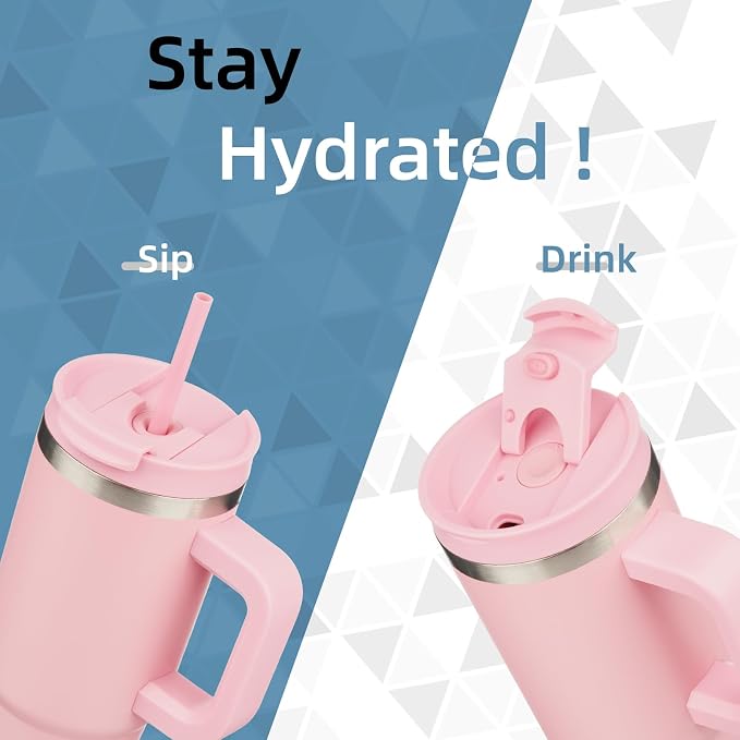 Konokyo 30 oz Insulated Tumbler Water Bottle with Handle, Straw Lid | BPA-free and dishwasher safe; made for gym, travel, coffee and gifting, 2 straws, cup holder friendly,Pink