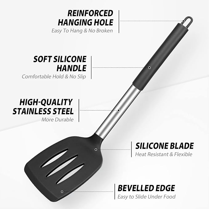Large Silicone Cooking Spatulas and Spoons, BPA Free, 4 Pack (Black) | Slotted & Solid Stainless Steel Cooking Utensils Set, Non-stick Heat Resistant Kitchen for Baking, Fried, Stir-Fry, Serving
