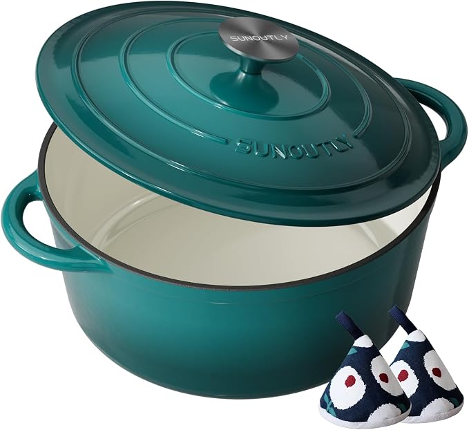 Enameled Cast Iron Dutch Oven - 7.5QT Pot with Lid & Cotton Potholders - Heavy-Duty Cookware for Braising, Stews, Roasting, Bread Baking, Oven Safe up to 500°F & Across All Stovetops, Bottle Green