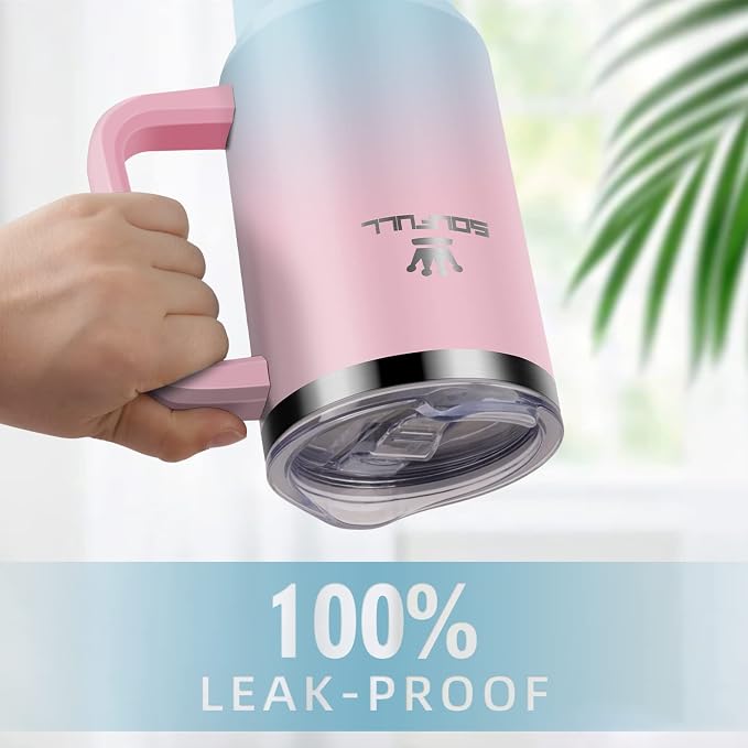 Soufull 40 oz Tumbler with Handle and Straw Lid, 100% Leak-proof, PinkBlue | Stainless Steel Insulated Travel Coffee Cup, Keeps Cold 34Hrs or Hot 10Hrs, Dishwasher Safe