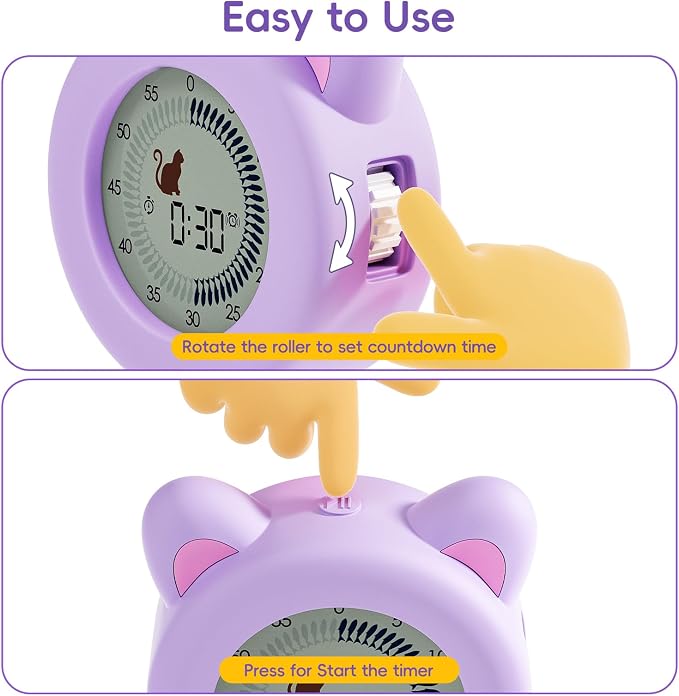 299 Min Visual Timer for Kids with Pause Function, Clock and Alarm | Cat Desk Countdown Timer, ADHD Autism Toddler Support, Cute kitty, Girl Timer for Classroom, Kitchen and Office