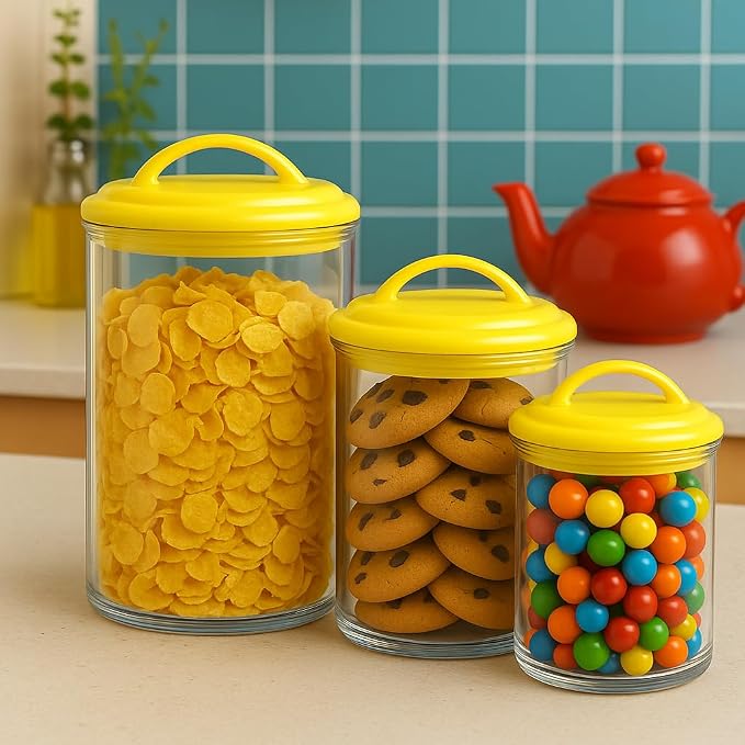 Reston Lloyd Food Storage Containers, BPA Free Airtight Canisters for Cereal, Pasta, Sugar, Coffee, Flour, Cookies, Loose Tea, for Kitchen Organization Set of 3 Lemon (Pack of 4)