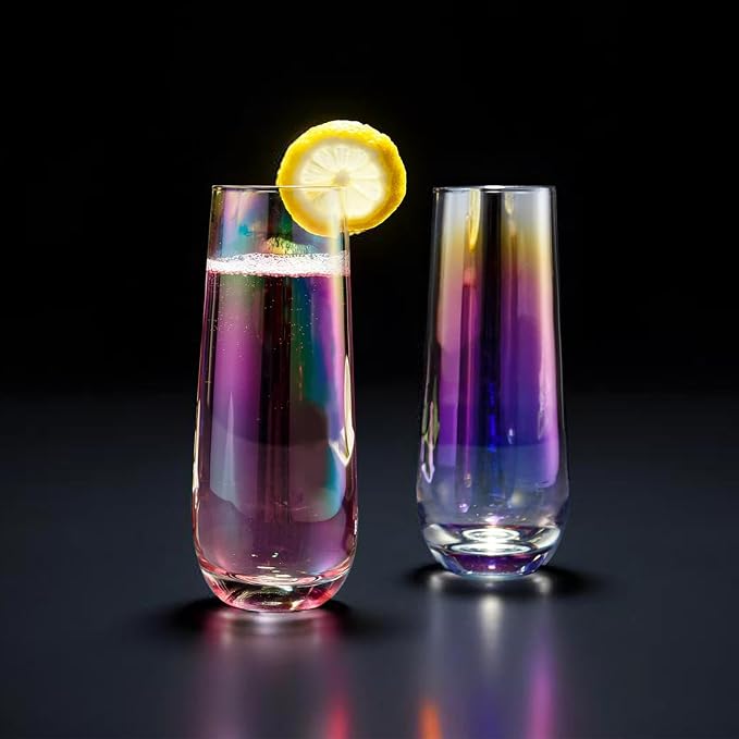 10oz Stemless Champagne Flutes, Iridescent Champagne Glasses, 4 PCS | Clear Crystal Glass Cups, Dishwasher Safe Wine Glasses Set for Champagne Cocktail Juice, Unique Gifts for Wine Enthusiasts