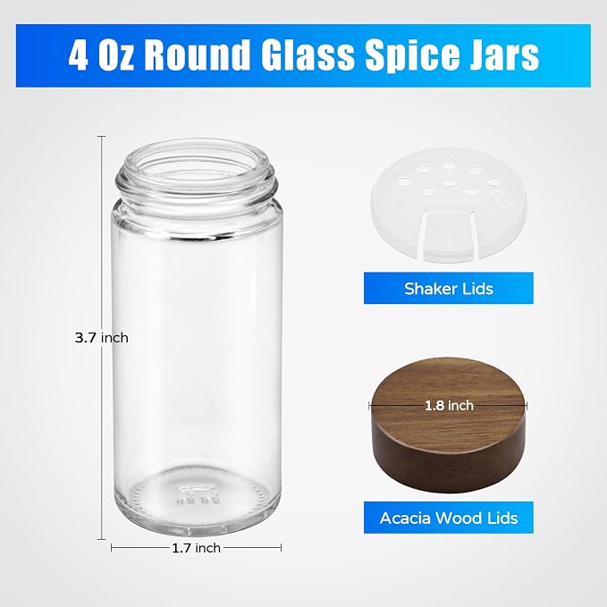 VIBRATITE 48 Pack 4 oz Round Glass Spice Jars with Acacia Lids and Labels | Shaker Lids, Pen, Funnel, Brush Included, Airtight Storage, Quick Identification, Seasoning Prep, Kitchen Pantry Organization