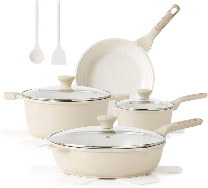 SENSARTE Nonstick Ceramic Cookware Set, 13 Pcs Non-toxic Pots and Pans Set | Kitchen Cooking Set with Stay-Cool Handles, Silicone Tools and Pot Protectors, PFAS Free, Large-Size, Cream White