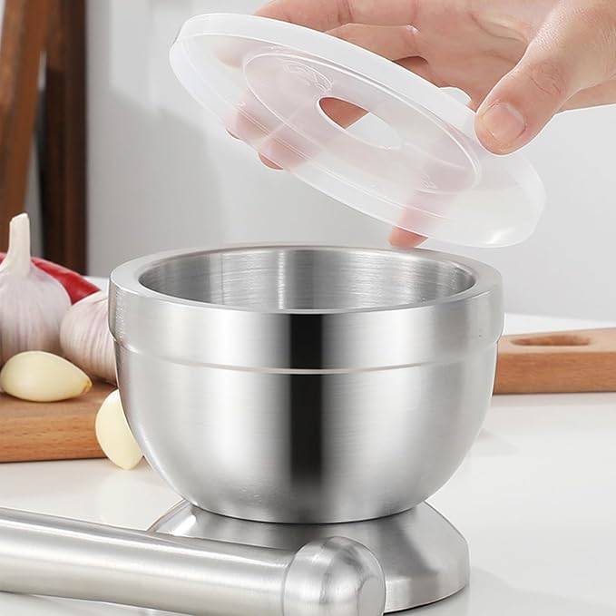 Bekith Mortar and Pestle Sets 18/8 Brushed Stainless Steel Spice Grinder Pill Crusher Molcajete Herb Bowl