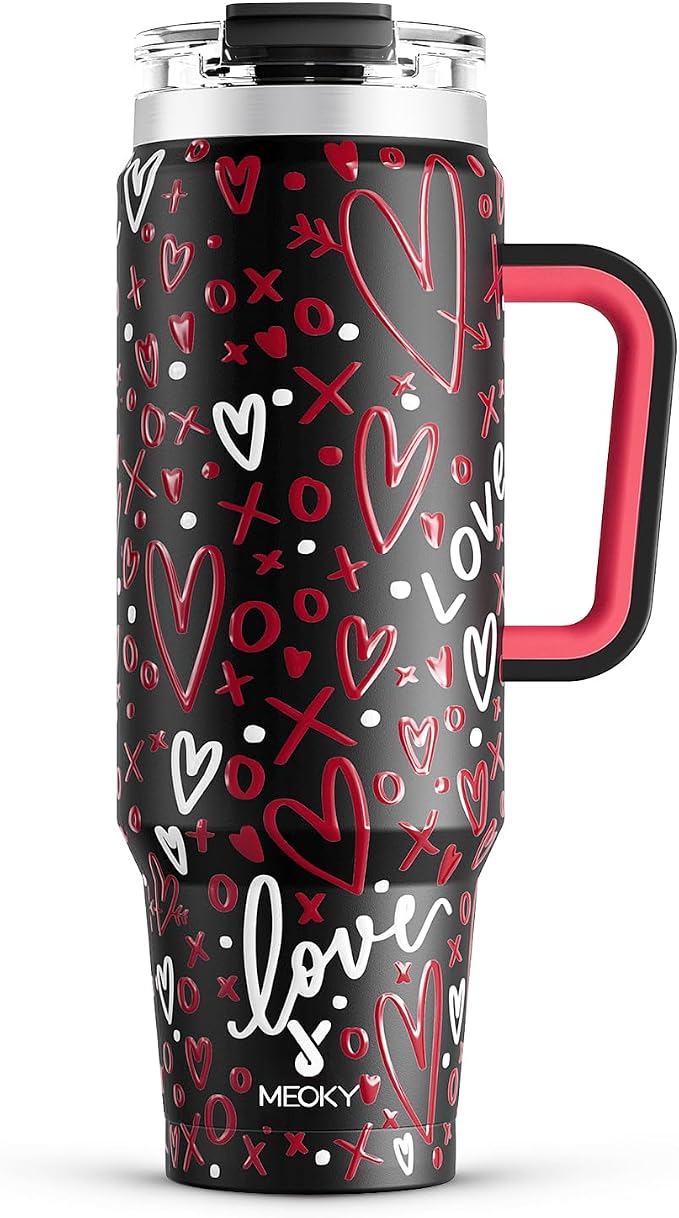 Meoky 40 oz Tumbler with Handle and Straw, Insulated Tumbler with Lid and Straw, Stainless Steel Travel Mug, Keeps Cold for 34 Hours, 100% Leak Proof, Fits in Car Cup Holder (Romance)
