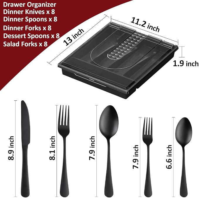 41-Piece Black Matte Silverware Set with Drawer Organizer, SANLUNS Stainless Steel Flatware Cutlery for 8 Utensil Set for Home Restaurant, Tableware Includes Knife Fork Spoon Set Dishwasher Safe