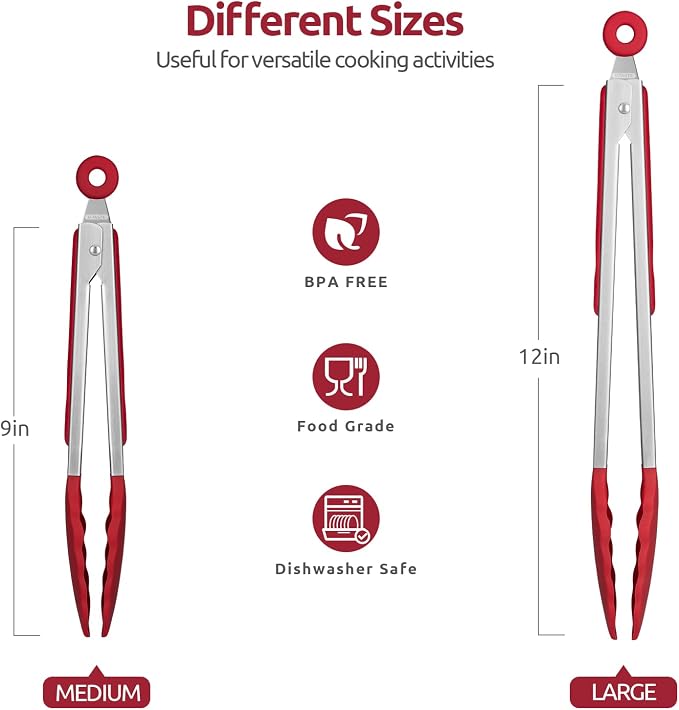 U-Taste Kitchen Tongs for Cooking, 600ºF Heat-Resistant Silicone, 2Pcs/Red | Tong Utensils Set 9/12in, Salad/Grill/BBQ Plastic Tong for Food Serving, Rubber Tipped Tong with 18/8 Stainless Steel Handle