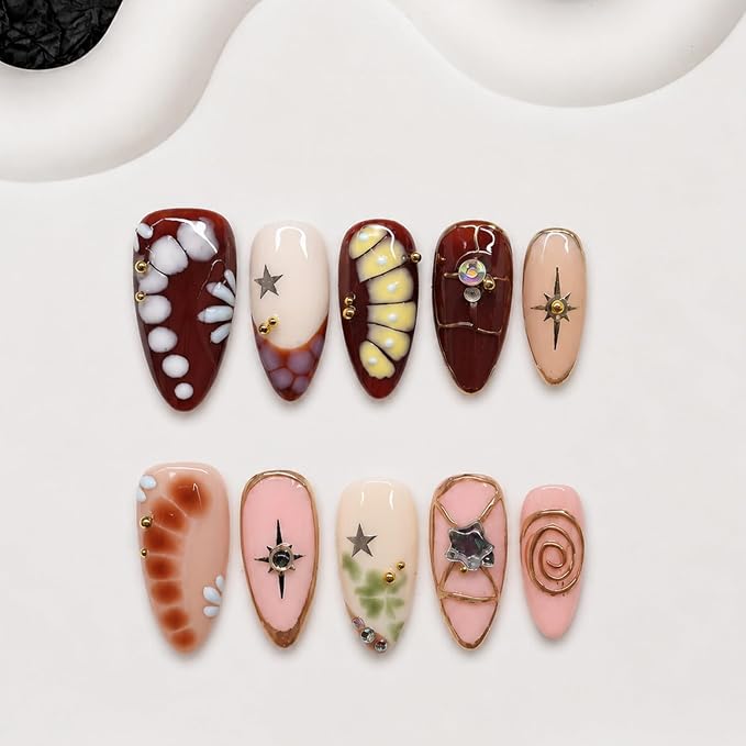 10Pcs Medium Almond Handmade Press on Nails Rhinestone & Golden Steel Ball Deisgns Salon Quality False Nails Y2K Fake Nails with 3D Star, Gold Embossed Accents Summer French Tip Stick on Nail (S)