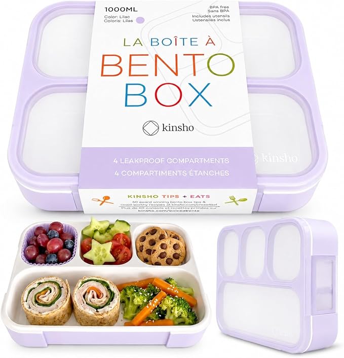 kinsho Bento Lunch Box for Kids Women Adults Girls School Work | Snack Containers for Toddlers Tweens | 4 Divided Sections for Portion Control includes Utensils BPA Free | Purple