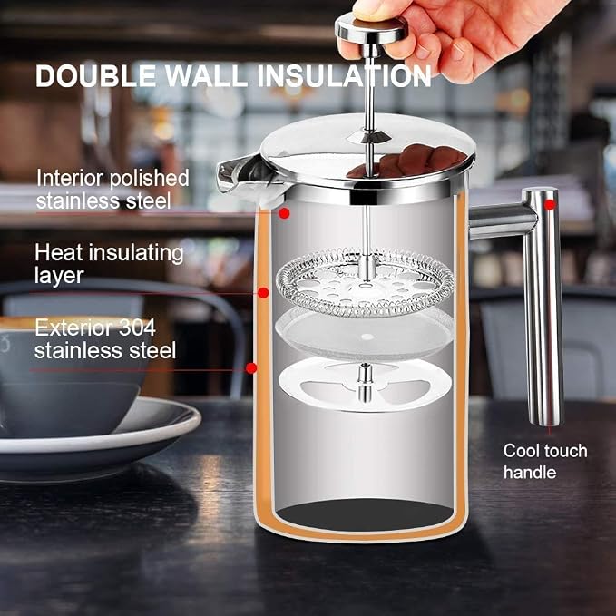 Secura French Press Coffee Maker, 304 Grade Stainless Steel Insulated Coffee Press with 2 Extra Screens, 12oz (0.35 Litre), Silver