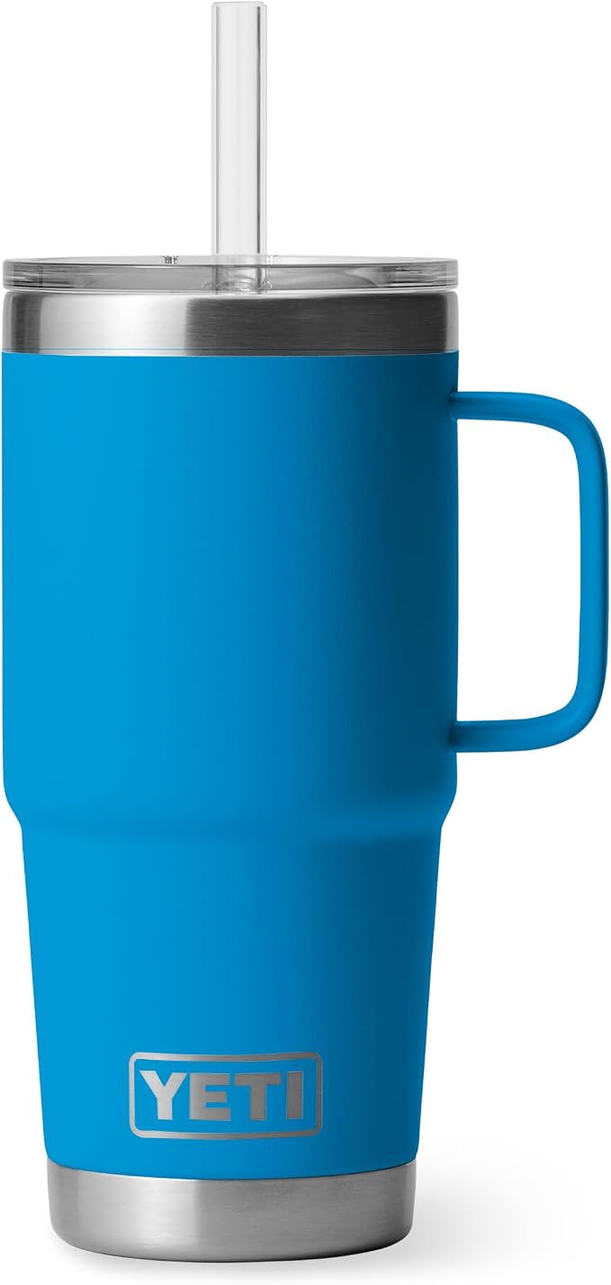 YETI Rambler 25 oz Tumbler with Handle and Straw Lid, Travel Mug Water Tumbler, Vacuum Insulated Cup with Handle, Stainless Steel, Big Wave Blue