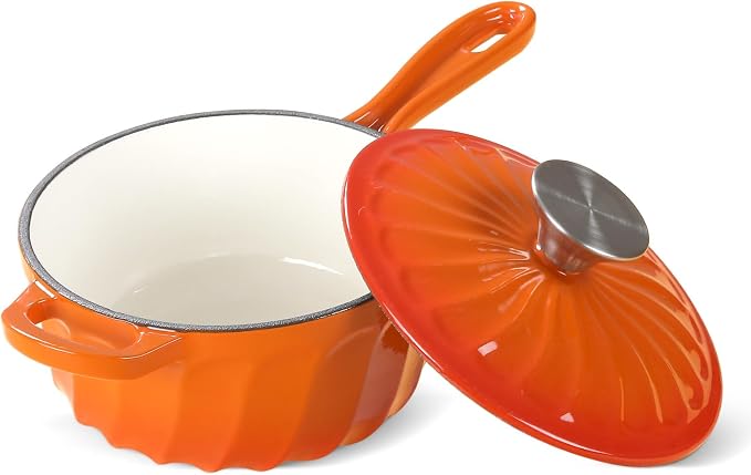 Enameled Cast Iron Sauce Pan with Lid, 2 Quart Saucepan with Lid | Dutch Oven with Lid, Small Cast Iron Pot for Cooking Pasta, Soup, Milk, Induction & Oven Safe Up to 500°F, Orange