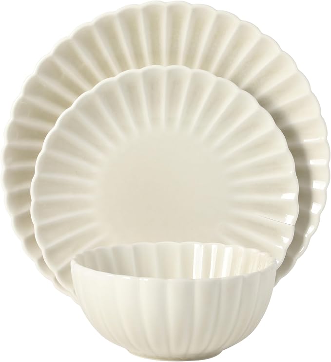 Gibson Elite Peach Orchard 12-Piece New Bone China Dinnerware Set Service for 4, Embossed Fluted Plates and Bowls, Dishwasher and Microwave Safe, Cream White