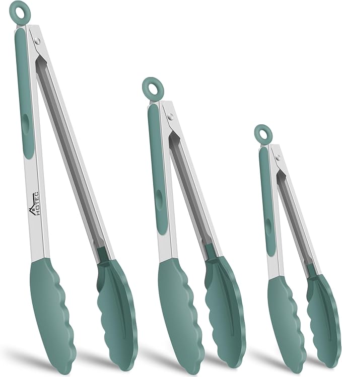 HOTEC Premium Stainless Steel Locking Kitchen Tongs with Silicon Tips, Set of 3-7", 9" and 12" (Sage Green)