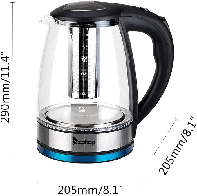 Electric Kettle, 7 Colors LED, Removable Tea Infuser, Glass Tea Kettle, 360° Swivel Base, BPA Free, Stainless Steel, Auto Shut-Off, Boil Dry and Overheat Protection for Coffee 1.8 L