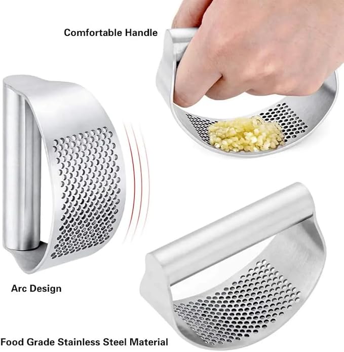 Garlic Press Rocker, Stainless Steel Garlic Mincer and Heavy Duty Stainless Steel Garlic Press Garlic Crusher,mincer tool Easy-Squeeze Garlic Tool with Peeler Cleaning Brush for Smashing Garlic