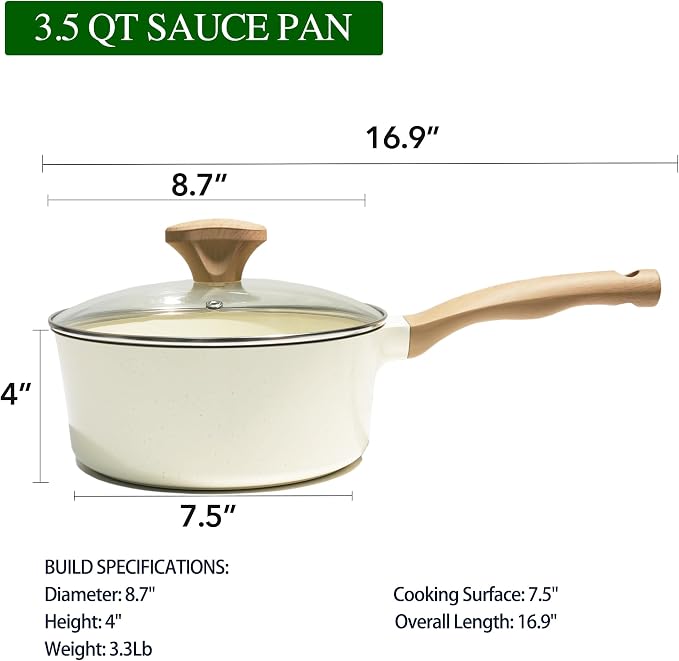 Nonstick Ceramic Saucepan with Lid 3.5QT | German Greblon Ceramic Nonstick Coating, Non Toxic Sauce Pot, PTFE, PFOA & PFAS Free, Induction Compatible.