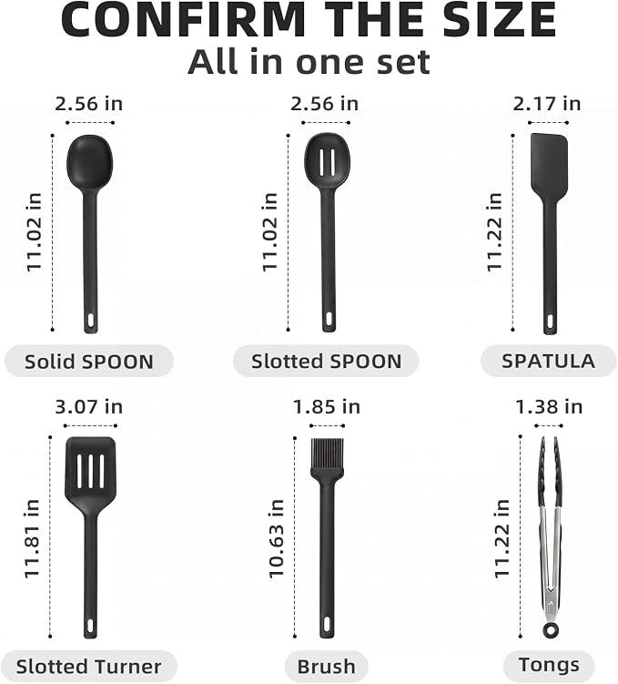 Kitchen Utensils Set 6 PCS,Silicone Cooking Utensils Set,Spatula Set,446℉ Heat Resistant Cooking Utensils,Tongs,Spoon,BPA Free Kitchen Gadgets Appliances for Non-Stick Cookware,Home Essential(Black)