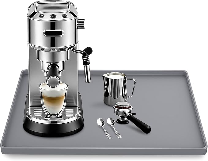 Silicone Coffee Maker Mat with Lip for Countertops, 18.9'' x 11.8'', Grey | Multi leak-proof coffee tray for countertop, non-slip silicone mat fits most coffee makers & espresso machines, wipe-clean