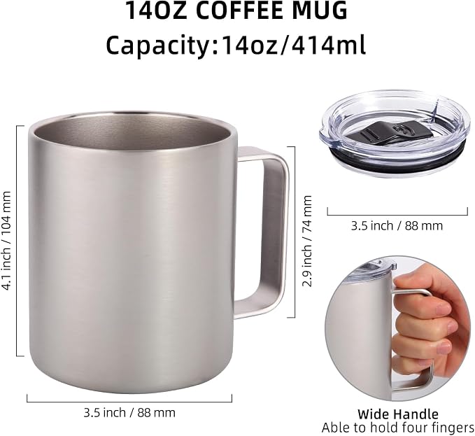 Volhoply 14oz Insulated Stainless Steel Coffee Mug with Lid Bulk 4 Pack,Double Wall Vacuum Travel Coffee Cup with Handle,Reusable Metal Cups Tumbler,Camping Mugs Keep Hot,Ideal Gifts(Silver,4)