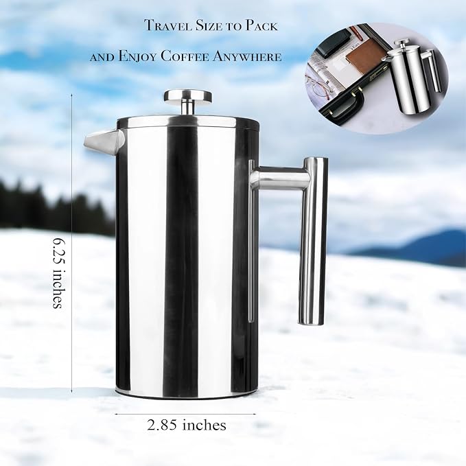Small Stainless Steel French Press, 12oz Dual-Filter Coffee Plunger Pot Brewer and Maker for Individual Serving, Silver